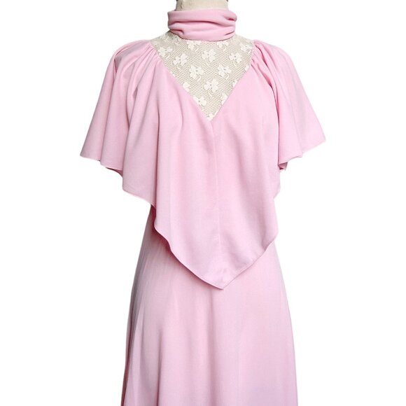 70s vintage victorian maxi dress Cape Sleeve lace cutout cottage high collar. - Picture 2 of 7
